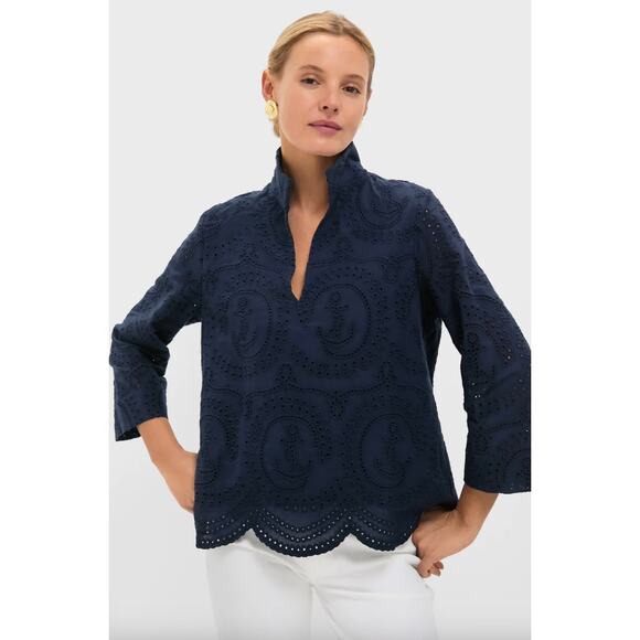 Tuckernuck Navy Nautical Eyelet Margot Stand Collar Sz XS - Picture 1 of 5